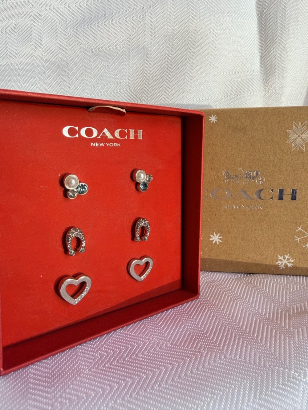 Coach Silver-Tone Heart, Horseshoe & Stud Earring Set - New in box!